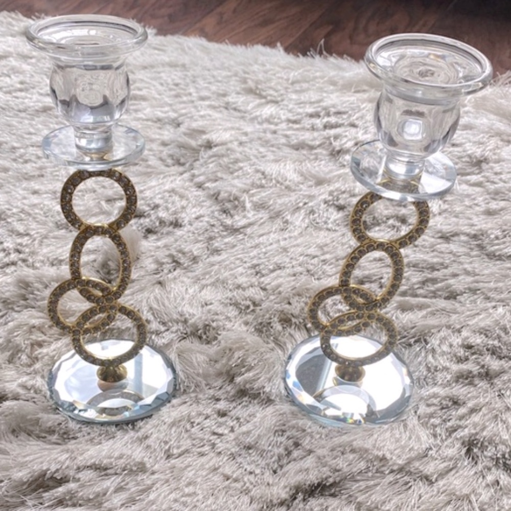 Set Of Two Gold Metal & Crystal Tapered Candle Holders - Picture 8 of 9